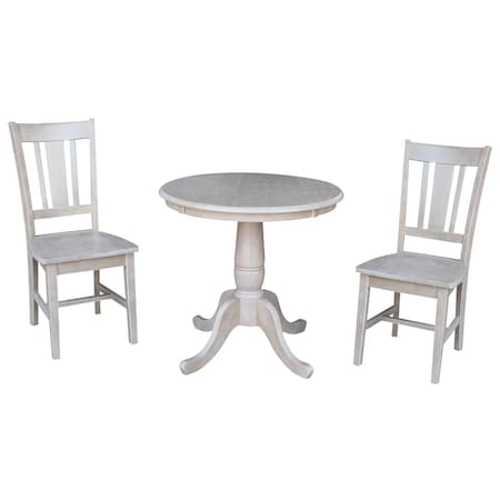 International Concepts Round 30 in Rd Top Pedestal Table, 2 San Remo Chairs, Washed Gray Taupe, 30 in W, 30 in L, Wood K09-30RT-C10-2